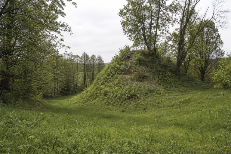 High grass- and scrub-covered rampart of Klebiškis Hillfort above a broad ditch in mixed deciduous woodland