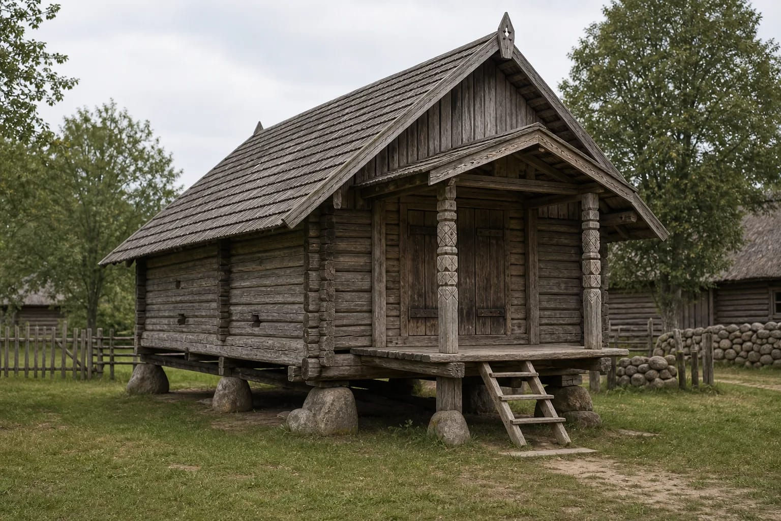 The klėtis stored grain, textiles, and valued family goods.