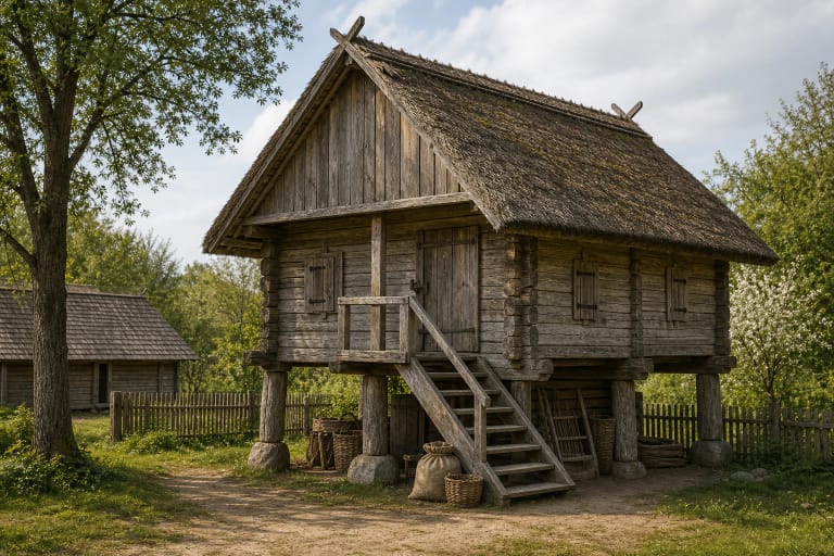 Lithuanian wooden granary in a traditional farmstead