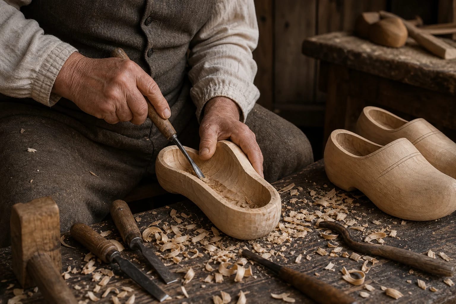Lithuanian Clogs visual detail with tools and materials typical of the craft
