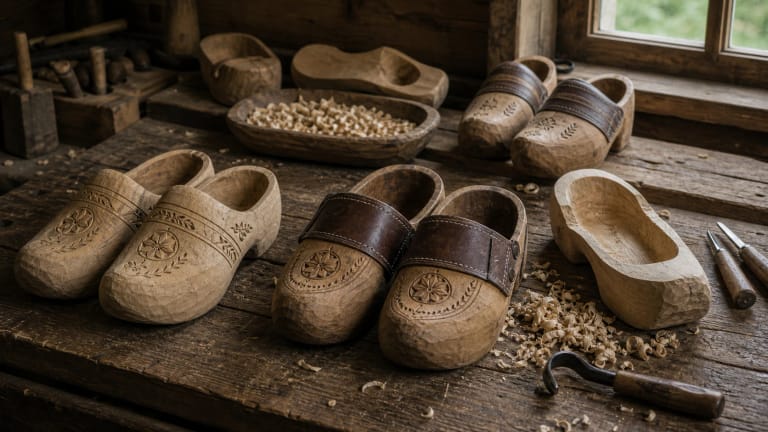 Lithuanian wooden clogs, clogs with leather uppers, an unfinished blank, carving tools, and wood shavings in a workshop