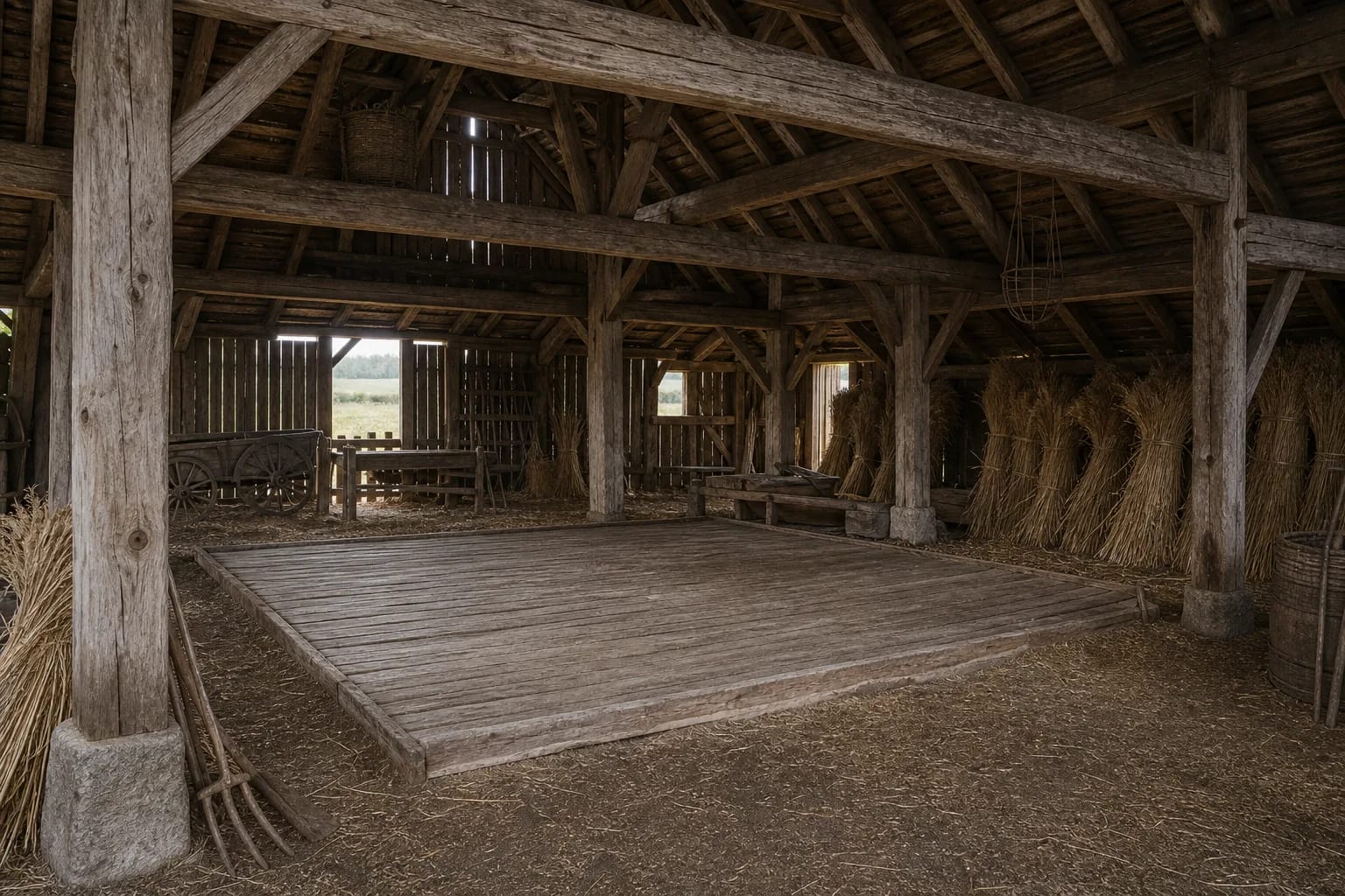 The kluonas interior was arranged for storing and threshing grain.