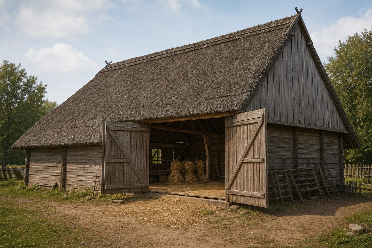 Traditional kluonas with a broad straw roof, large doors, threshing floor, and grain side bays in a wooden farmstead