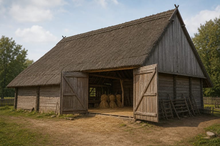 Traditional kluonas with a broad straw roof, large doors, threshing floor, and grain side bays in a wooden farmstead