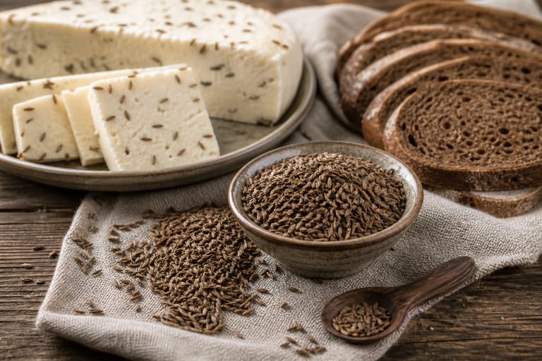 Caraway seeds in a wooden spoon, with curd cheese with caraway, rye bread, and a cup of tea nearby