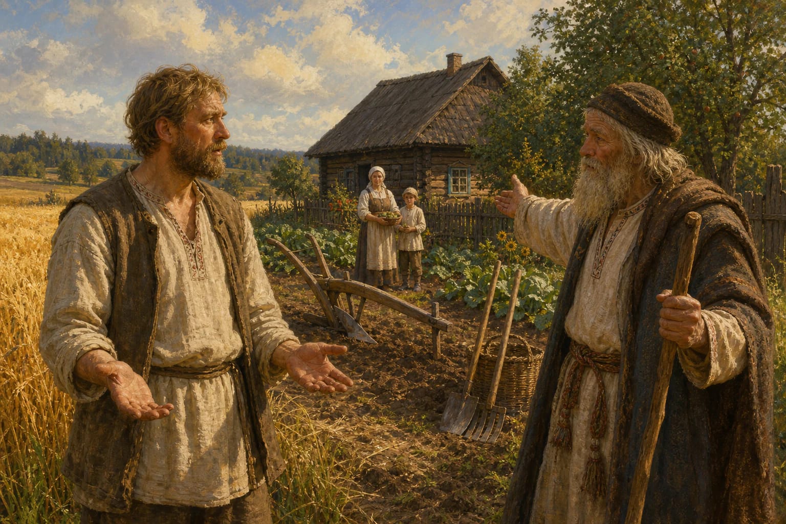 Недовольный крестьянин разводит руками, слушая мудреца, который показывает на семью, землю и рабочие инструменты