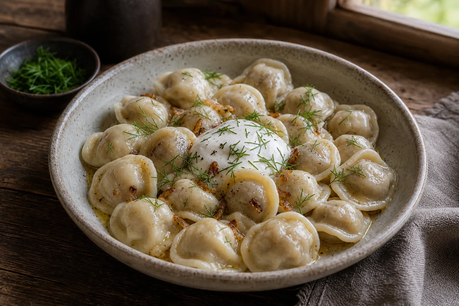 Lithuanian koldūnai with meat filling in a bowl, with butter, sour cream, herbs, and pepper