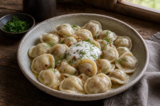 Lithuanian koldūnai with meat filling in a bowl, with butter, sour cream, herbs, and pepper