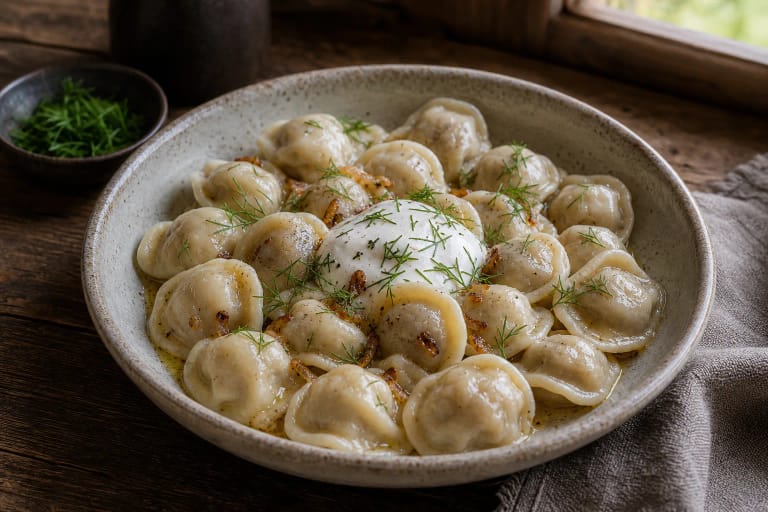 Lithuanian koldūnai with meat filling in a bowl, with butter, sour cream, herbs, and pepper
