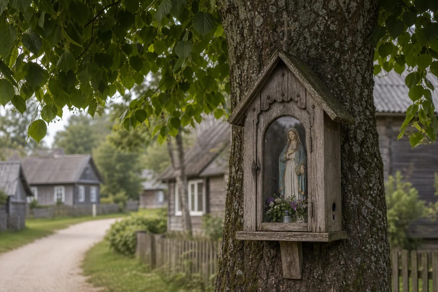 A tree shrine shelters a saint figure and marks local devotion.