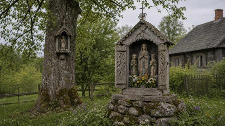 A Lithuanian wooden chapel-shrine with sculptures of Mary and saints on a stone base, with a smaller chapel-shrine in a tree in the background