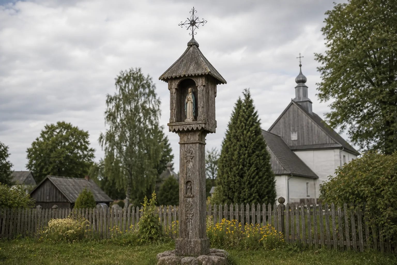 A chapel-pole with a saint’s niche joins post, roof, and sculpture.