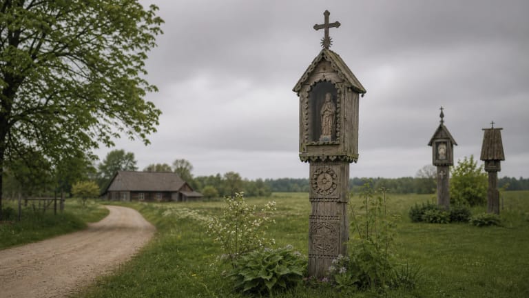 A Lithuanian wooden pillar-shrine with a small chapel and a saint's sculpture by a rural roadside