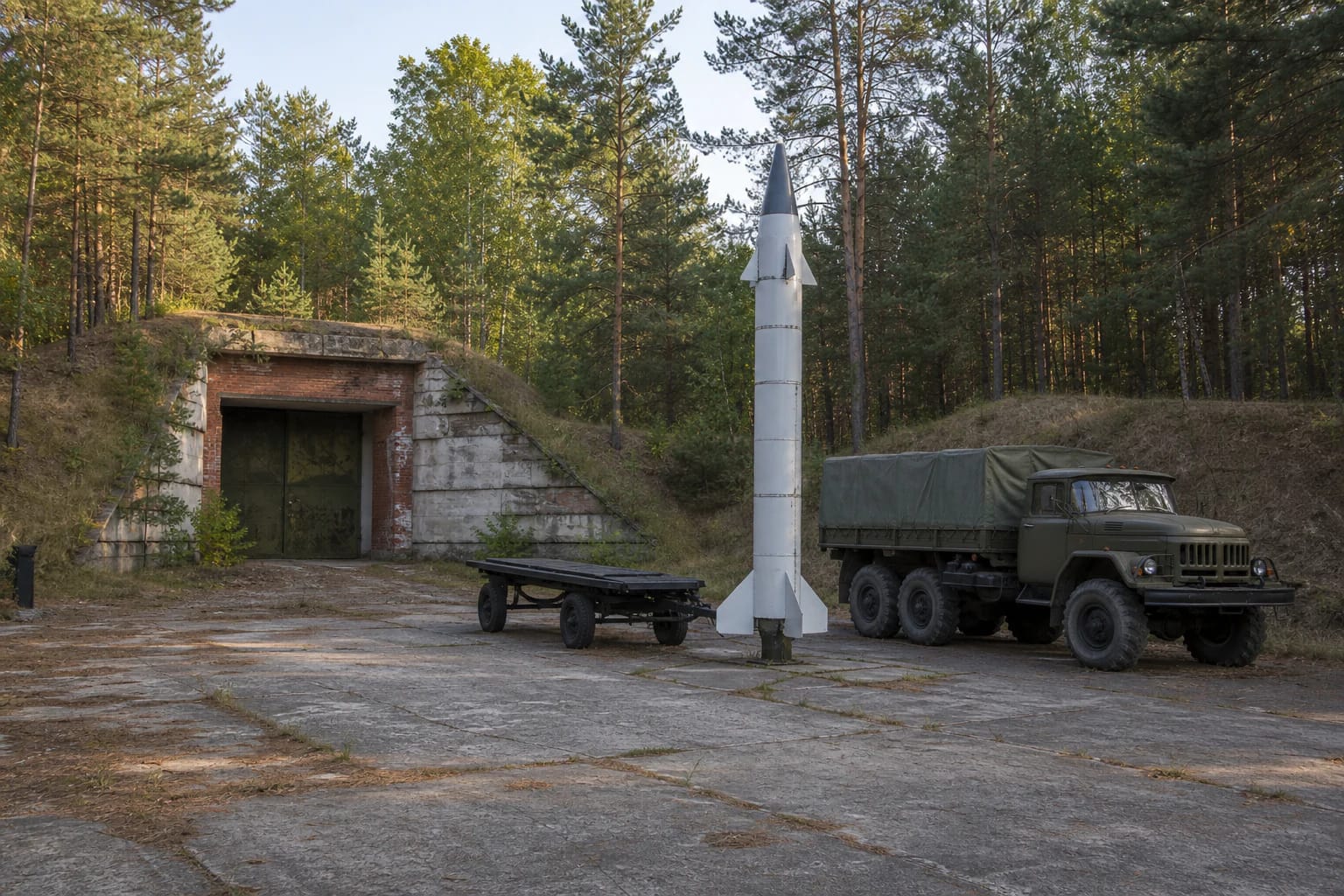 Макет ракеты, военный грузовик и покрытые землёй ангары на лесной площадке ракетной базы Копустеляй
