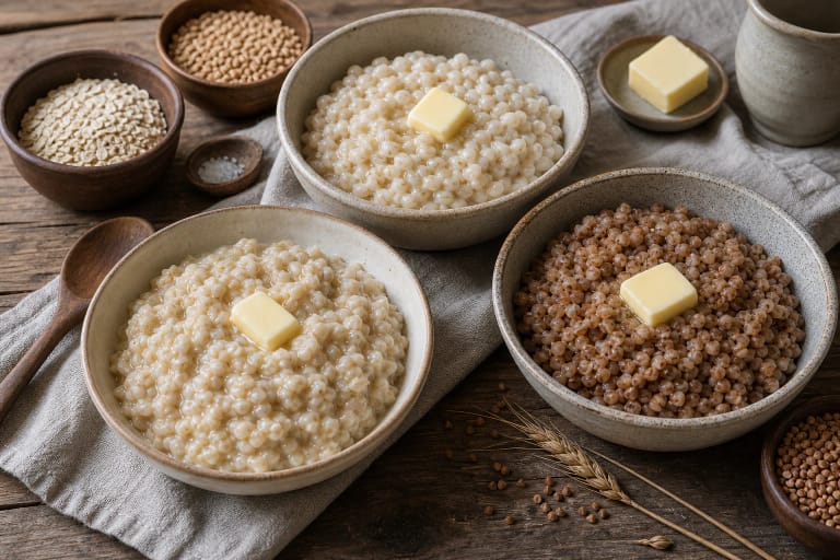 A bowl of Lithuanian groat porridge with butter, a wooden spoon, buckwheat, barley, and oats