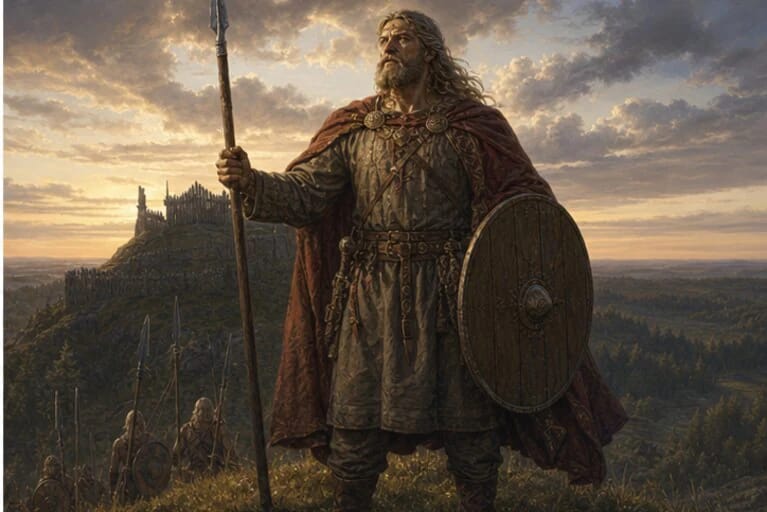 Kovas Karorius in Lithuanian mythology by a hillfort with a shield and spear
