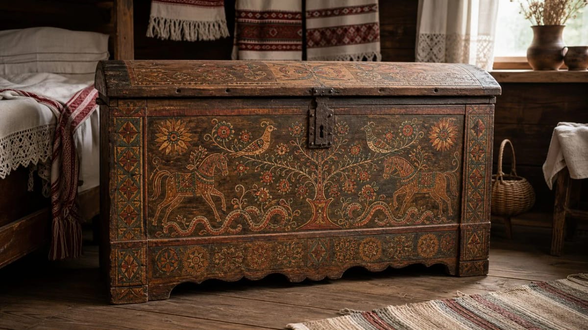 Lithuanian dowry chest with tree-of-life, bird, horse, and grass-snake ornaments