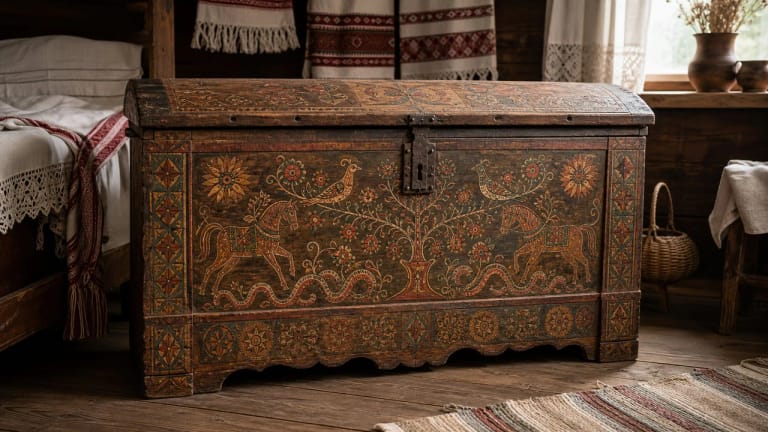 Lithuanian dowry chest with tree-of-life, bird, horse, and grass-snake ornaments