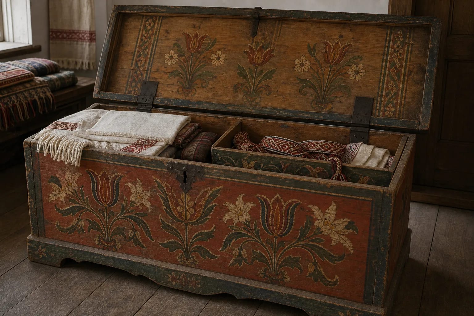 A painted chest holds dowry textiles and shows family ornament taste.