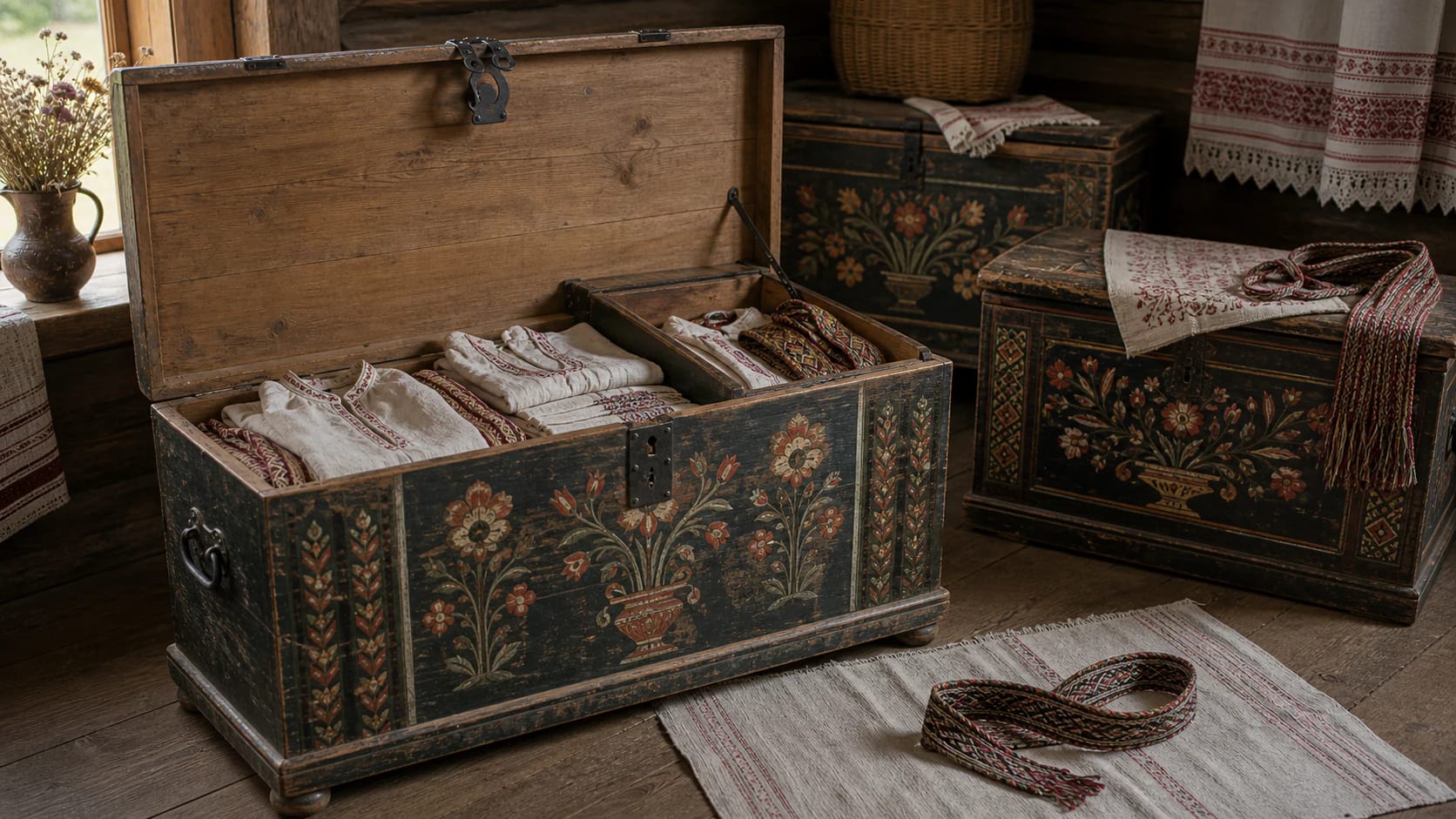 An open Lithuanian dowry chest with linen shirts, sashes, towels, an inner prieskrynis compartment, and painted floral ornaments