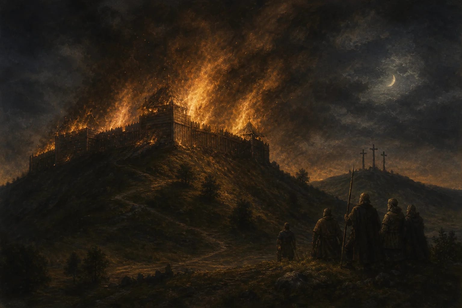 Crooked Castle Legend visual interpretation with lost castle, fire, Vilnius motifs