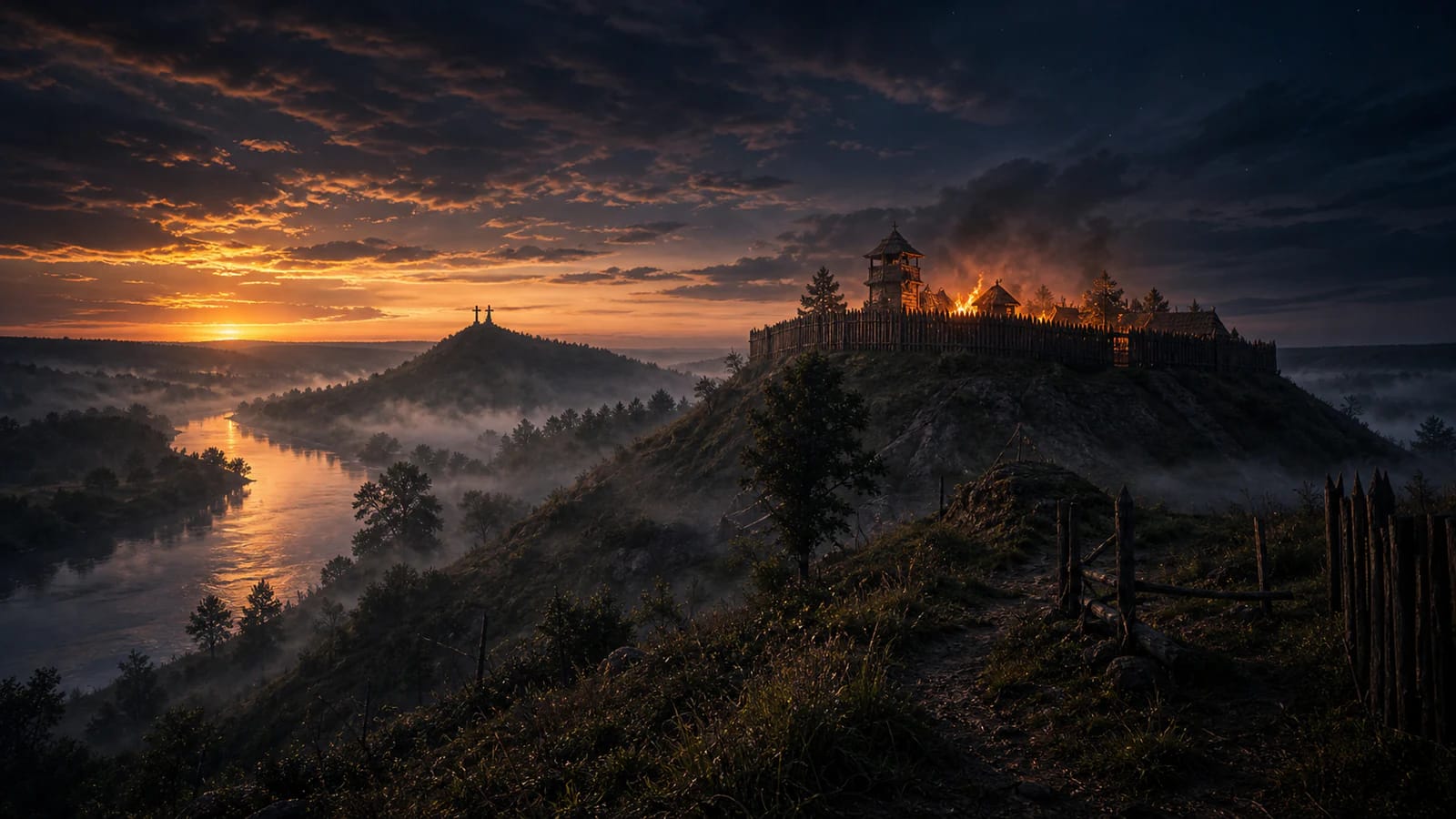 The Crooked Castle on the Vilnius hills at night before its burning, in the mood of legend