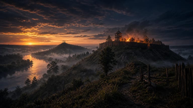The Crooked Castle on the Vilnius hills at night before its burning, in the mood of legend