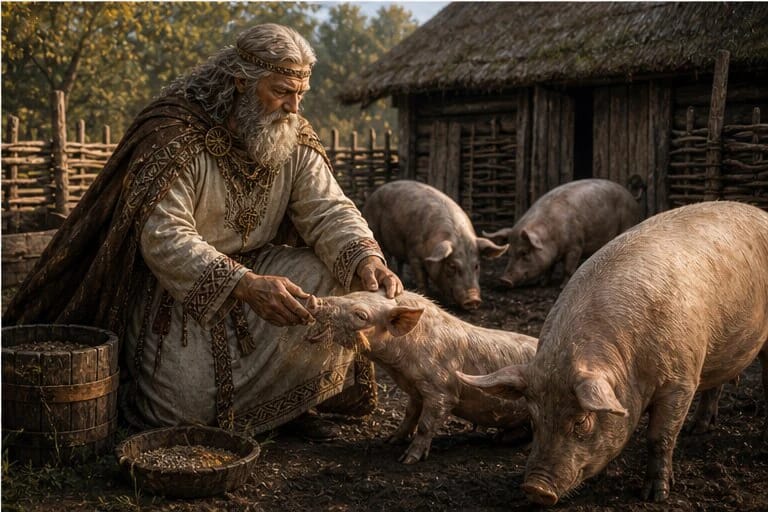 Kremata in Lithuanian mythology shown by an old farmstead and pig pen