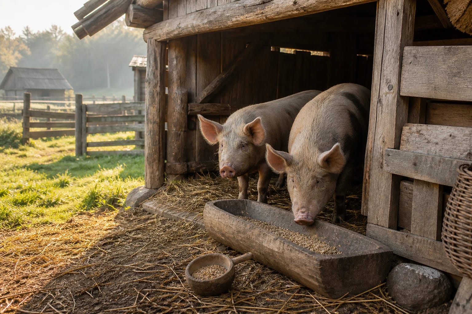 Pigs, trough, and old sty for Kremata's farm care