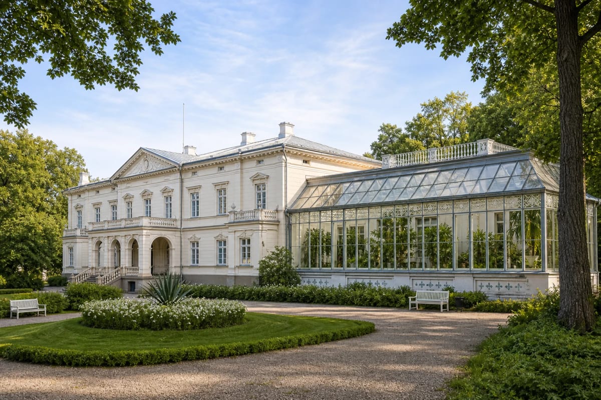 Kretinga Manor palace with the glass Winter Garden orangery and green park