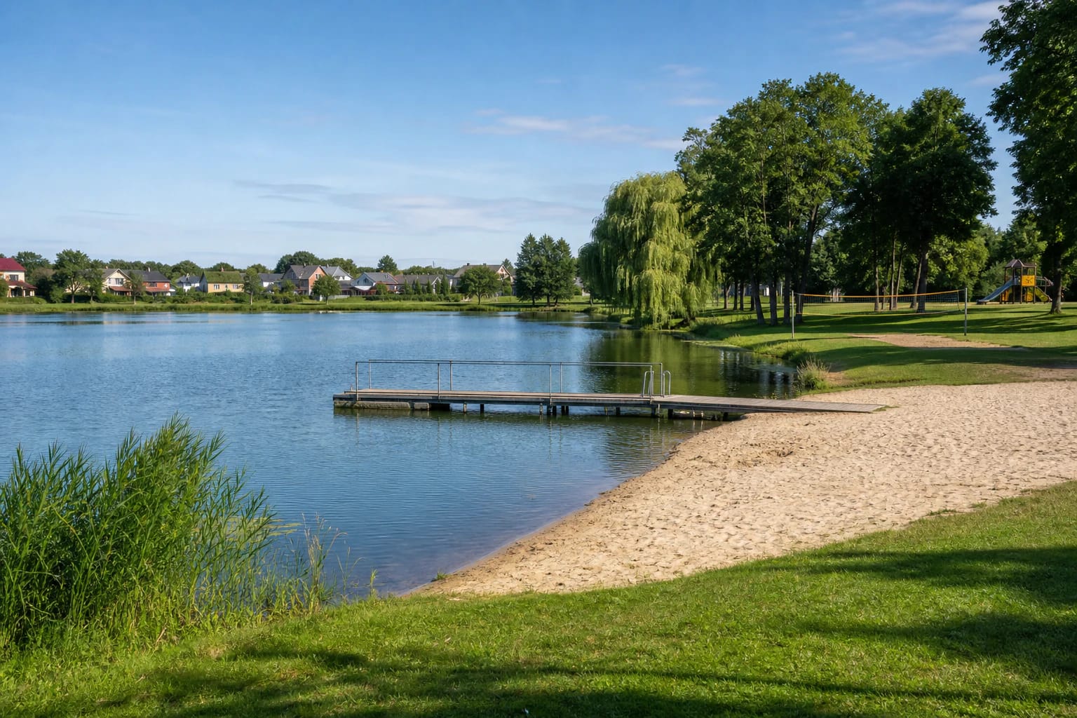 Sandy shore, pontoon, and green banks of the manor-park pond at Kretinga City Beach