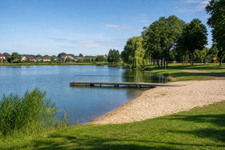 Sandy shore, pontoon, and green banks of the manor-park pond at Kretinga City Beach