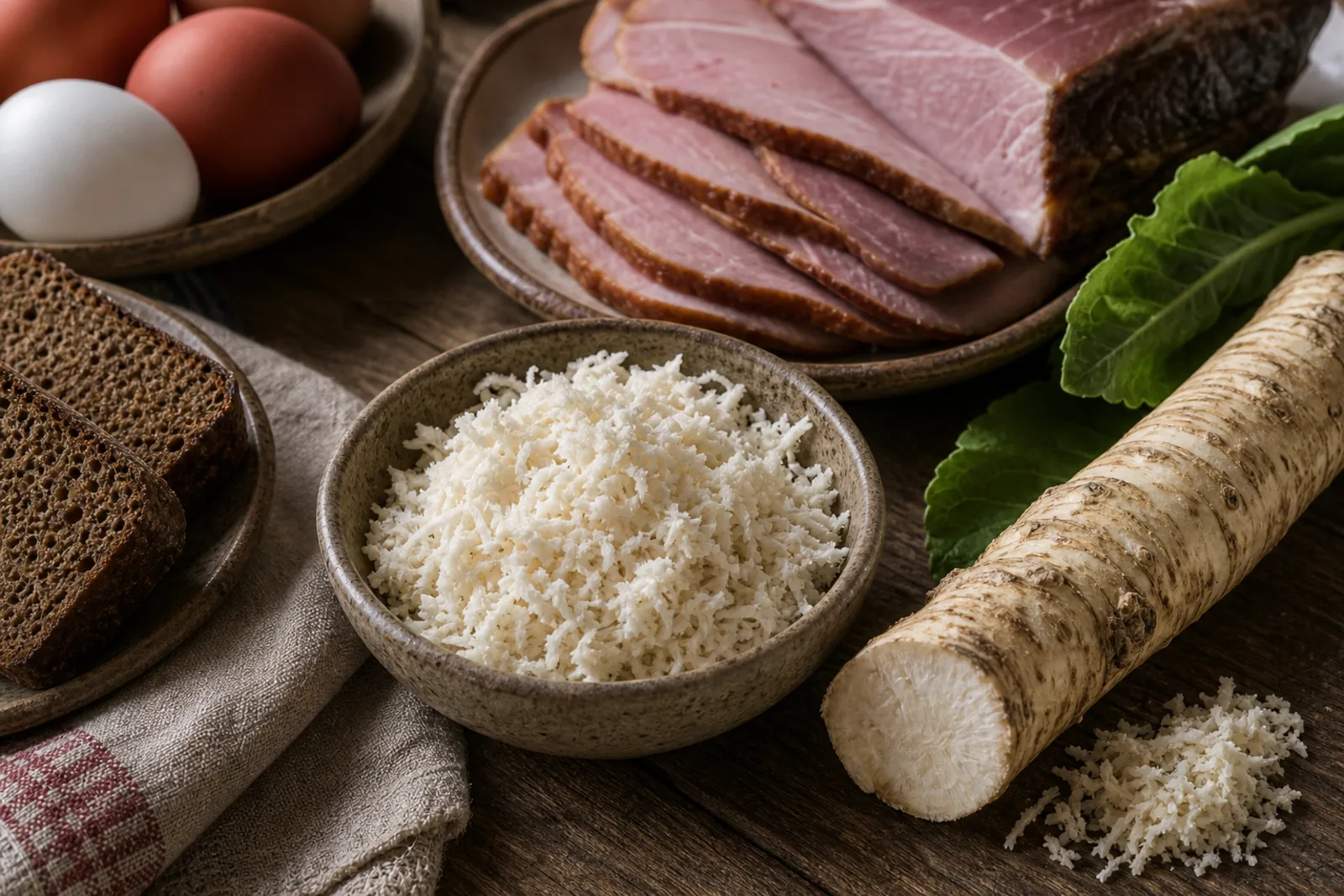 Krienai: sharp grated horseradish-root condiment in a Lithuanian traditional food context