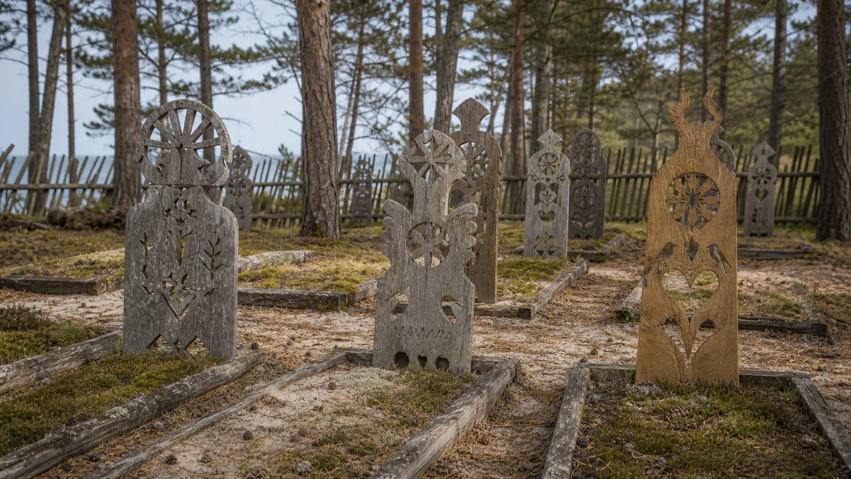 Krikštai of Lithuania Minor, profiled wooden grave markers in a sandy pinewood cemetery on the Curonian Spit