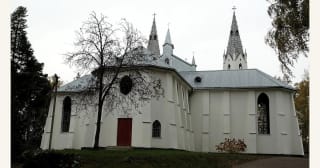 Rear view of Krikštonys Church of Christ the King and its towers