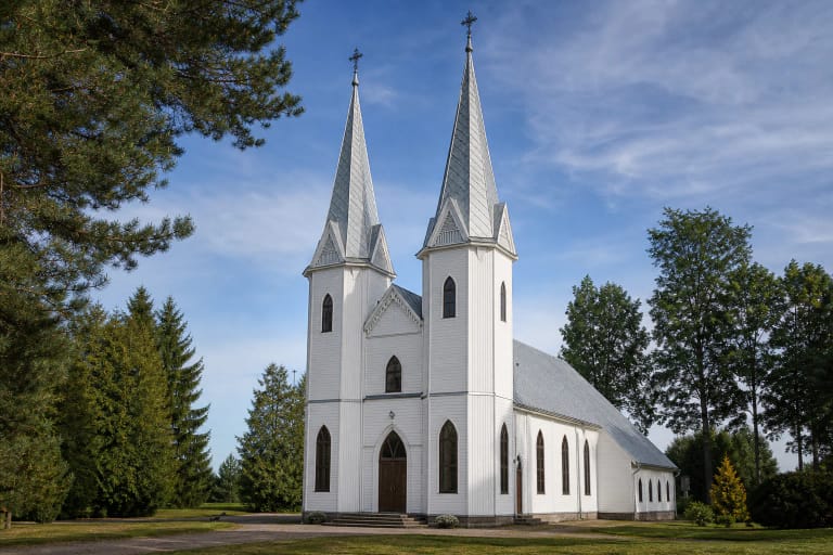 Krikštonių Kristaus Karaliaus bažnyčia su dviem baltais smailiais bokštais ir žaliu šventoriumi