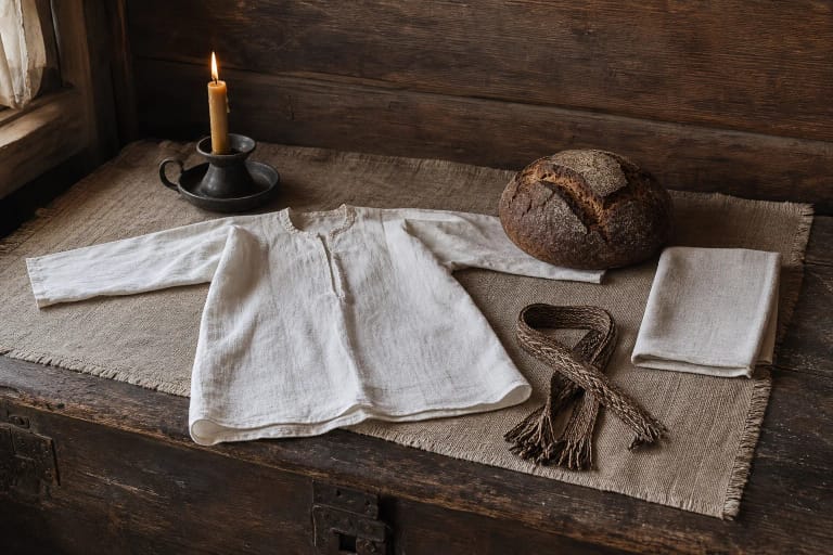 A historical Lithuanian baptism table with white baptismal clothing, bread, and a candle