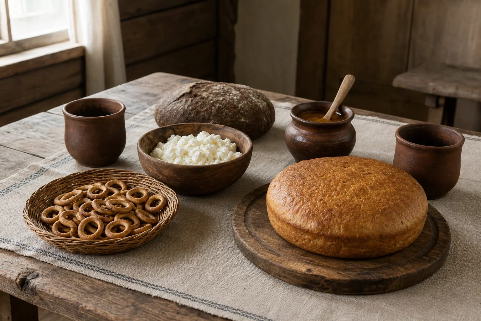 Krikštynų vaišių stalas su riestainiais, pyragu, varške ir medumi