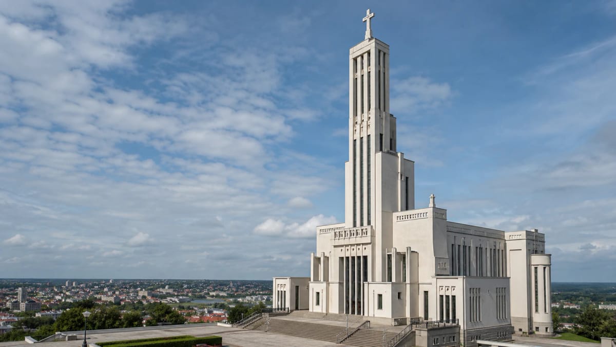 Christ's Resurrection Basilica in Kaunas Žaliakalnis with a tall Modernist tower and city panorama
