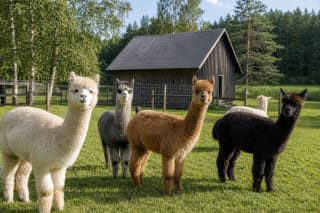 White, grey, brown and black alpacas in the Kristiano farm pasture beside a timber barn and the forests of Kazlų Rūda