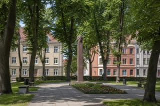 Kristijono Donelaičio aikštės raudono granito paminklas tarp brandžių liepų ir istorinių Klaipėdos Naujamiesčio namų