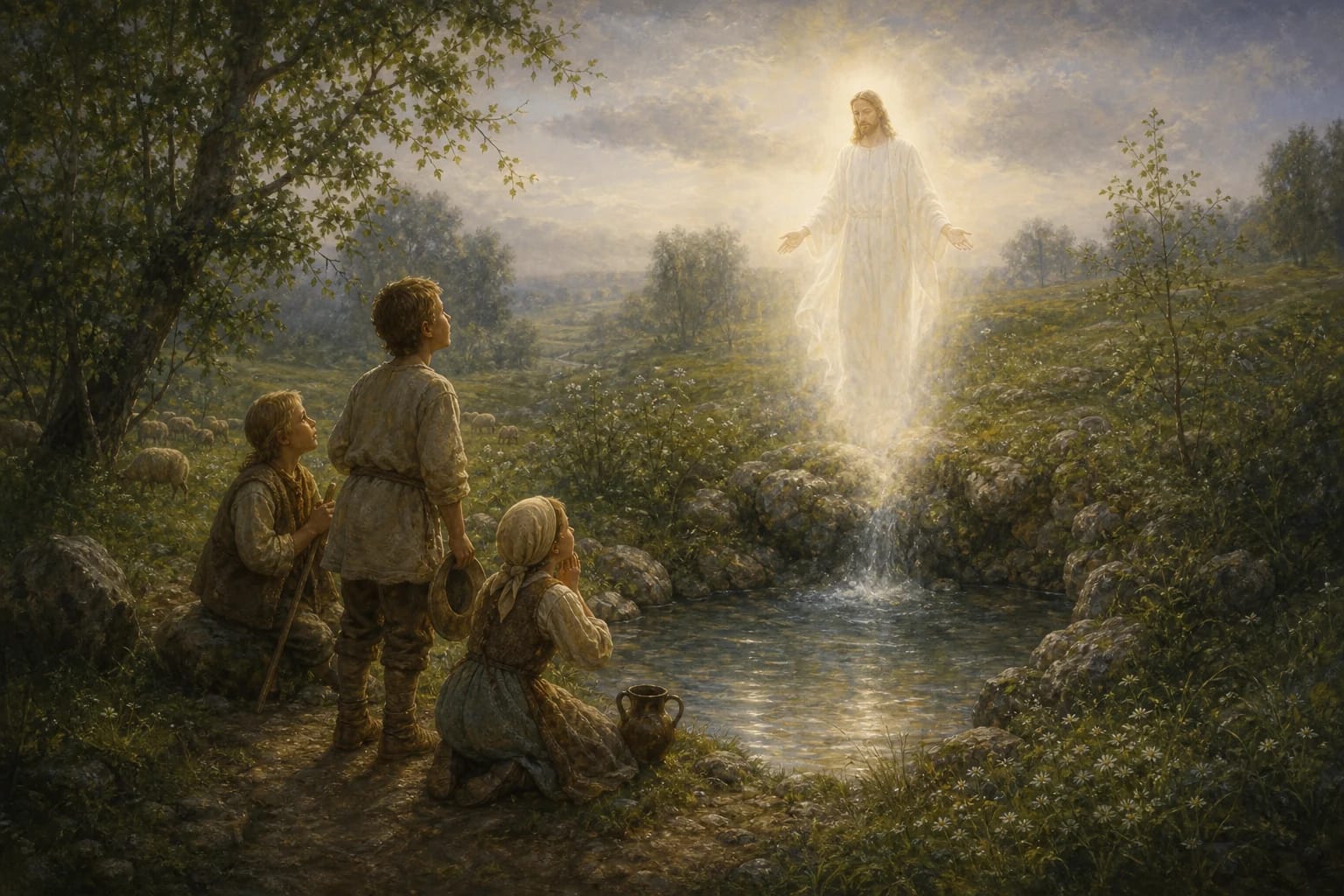 Krokulė Spring Legend visual interpretation with apparition, Christ, shepherd children motifs