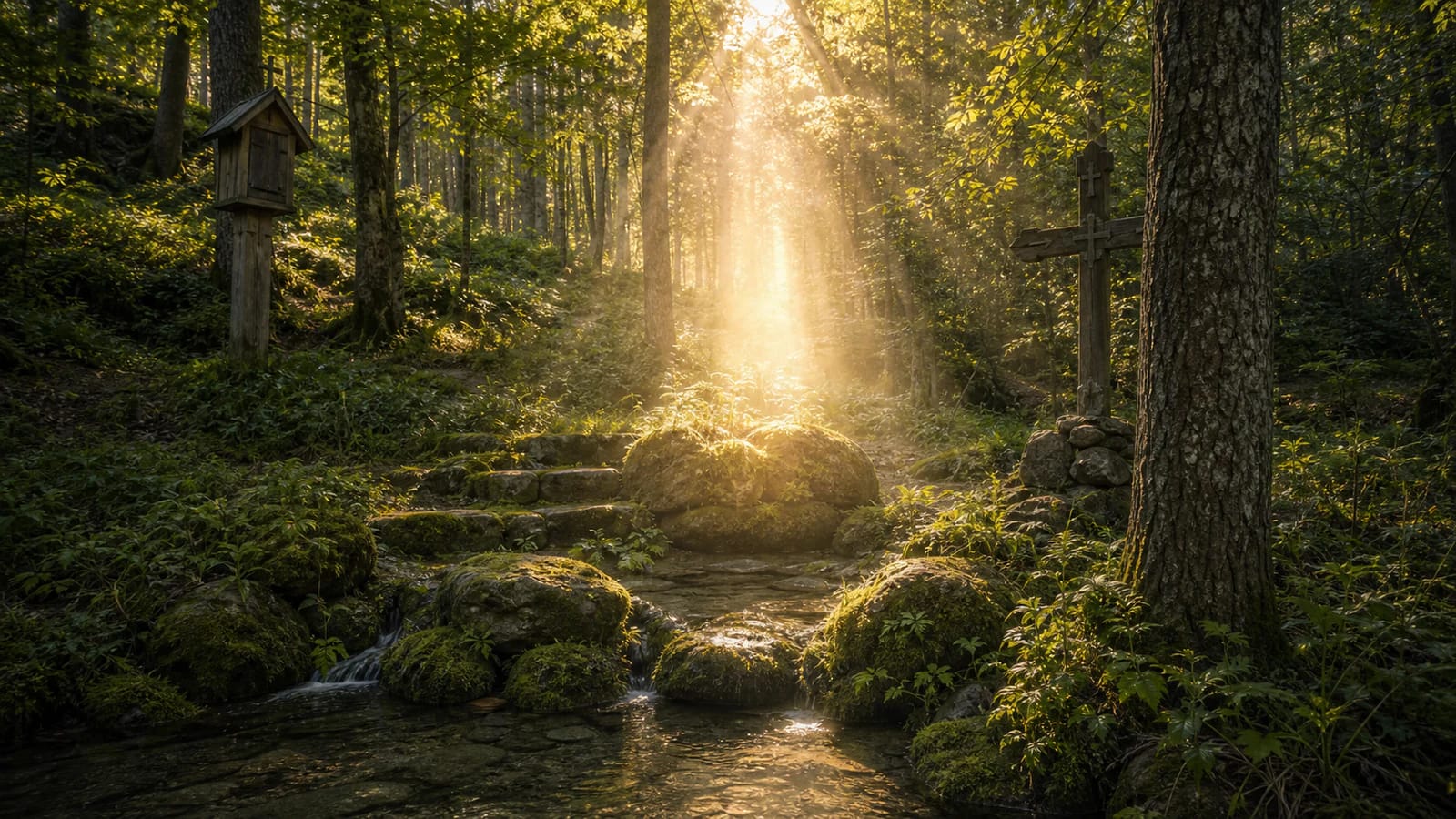 Krokulė Spring in a pine grove with the mood of an apparition and holy-water legend