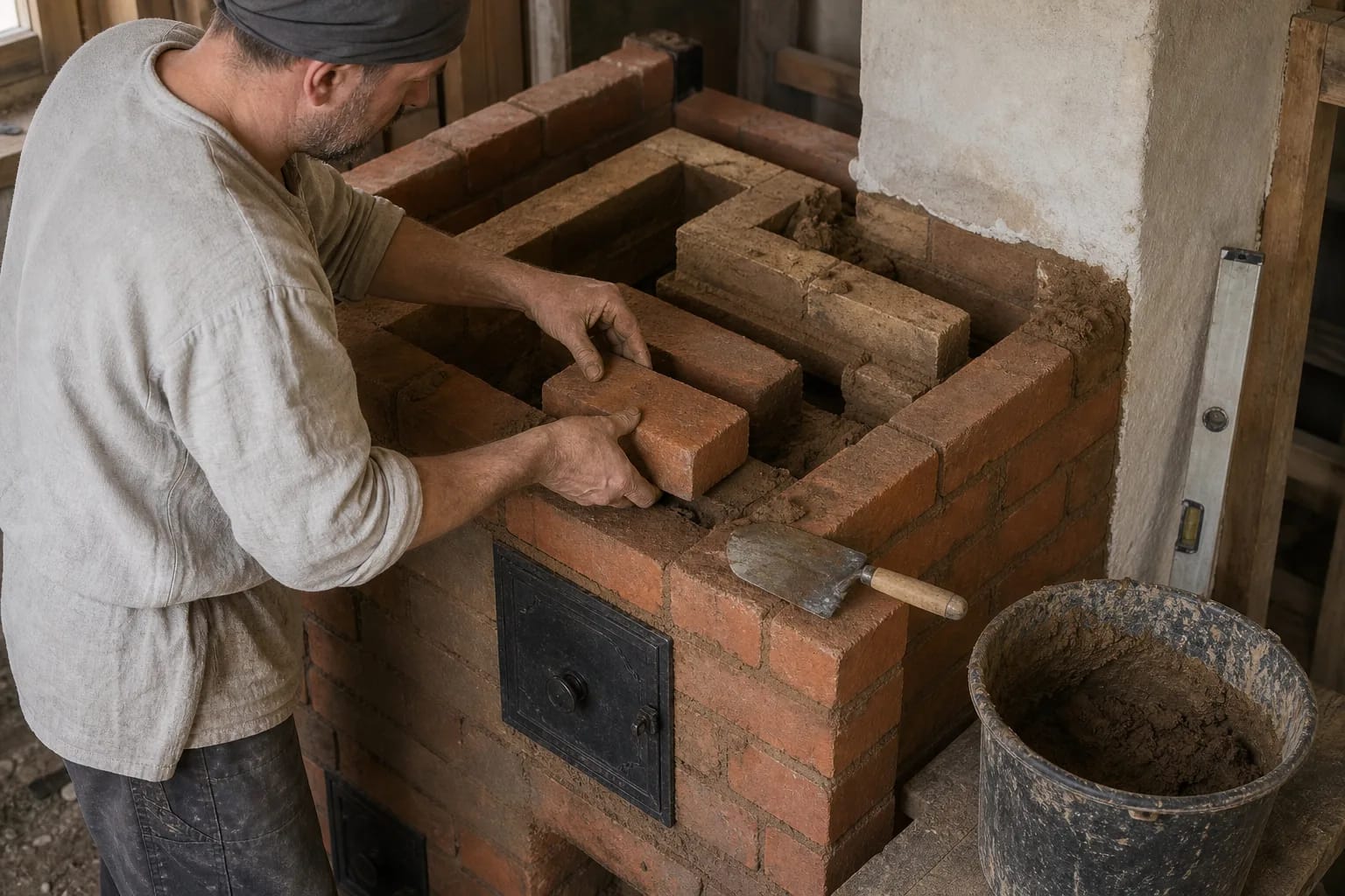A stove builder lays a smoke channel with brick and clay.