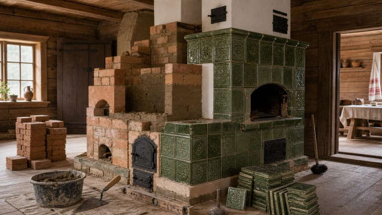 Traditional Lithuanian stove-building scene: a brick and green-tile stove under construction, bread-oven opening, chimney, trowel, level, clay mortar, and stove brush