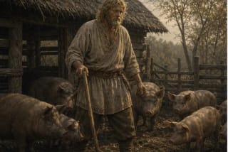 Krukis in Lithuanian mythology near an old farm, pigs, and a barn