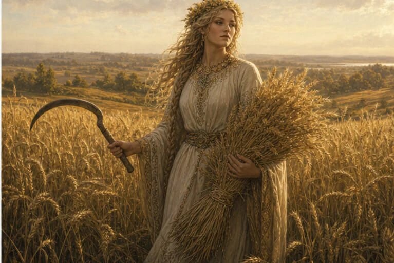 Krūminė stands in a rye and wheat field with sheaves of grain