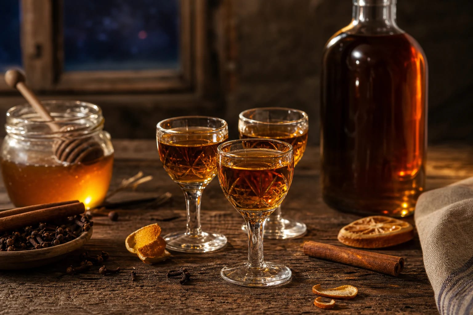 Amber krupnikas in a small glass with honey, cinnamon, cloves, and orange peel
