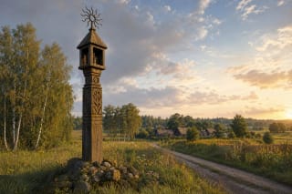 A Lithuanian roofed pole with a sunburst ornament by a roadside as a symbol of cross-crafting