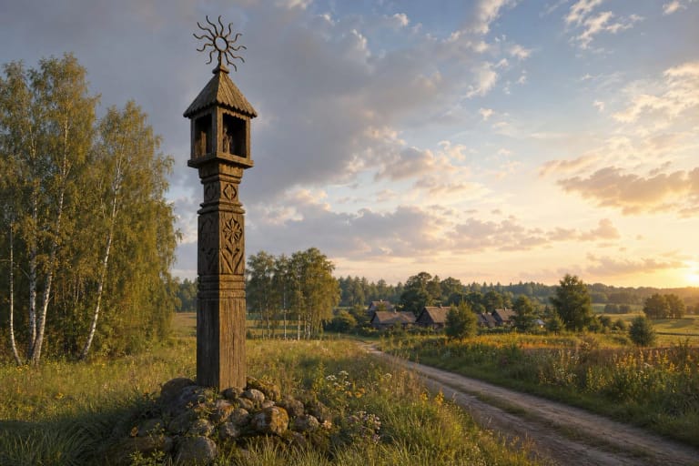 Литовский стогастульпис с орнаментом Саулуте у дороги как символ кресторезной традиции